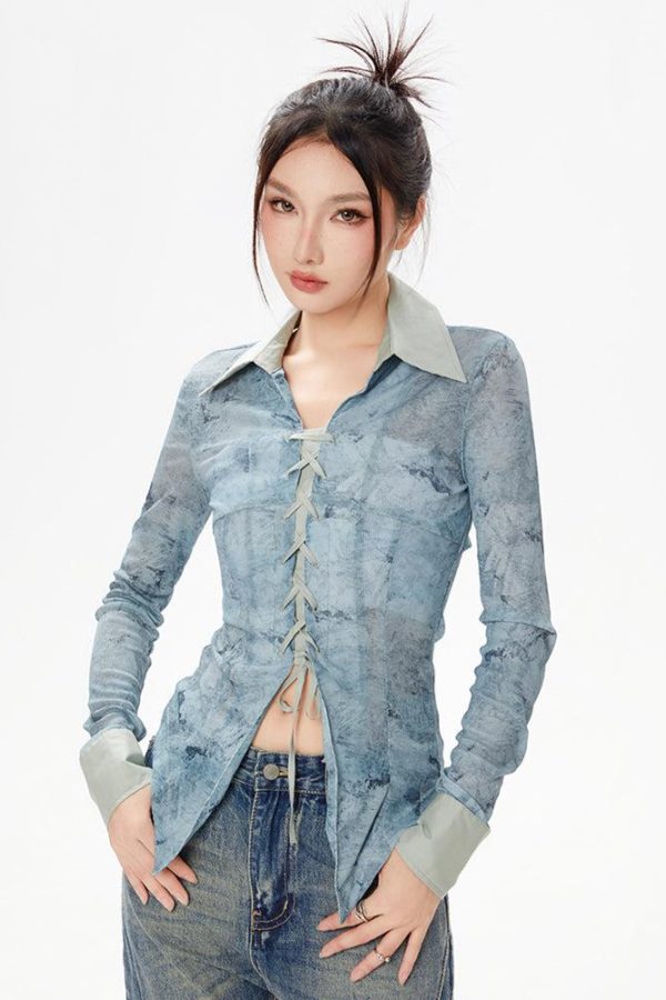Y2K Lace Up Sheer Shirt