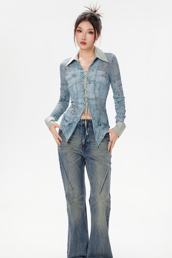 Y2K Lace Up Sheer Shirt