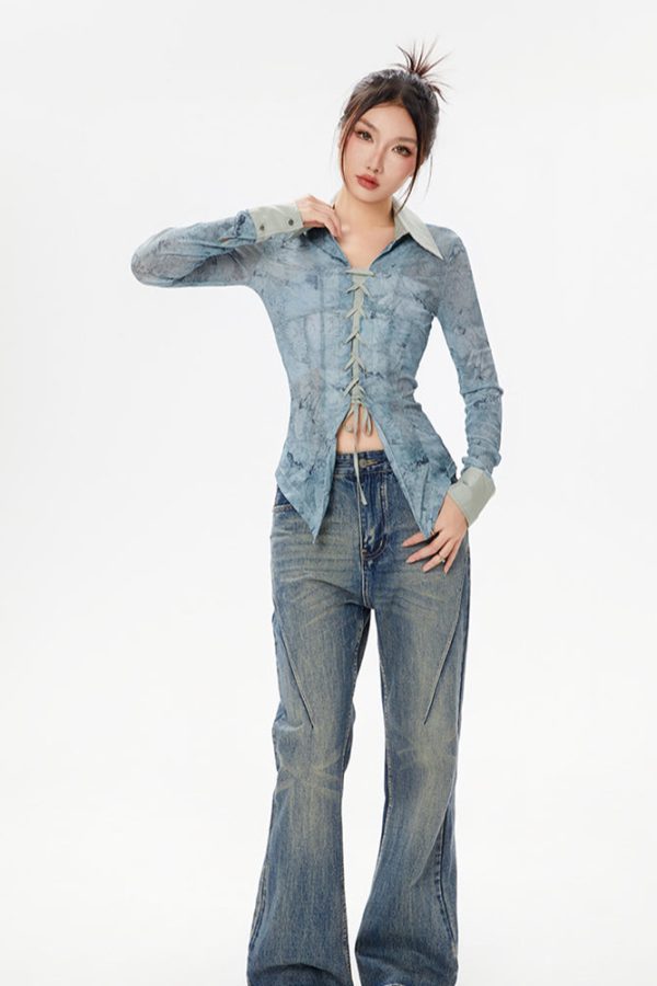 Y2K Lace Up Sheer Shirt