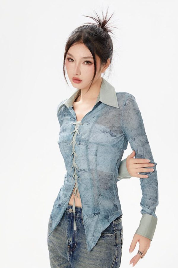 Y2K Lace Up Sheer Shirt