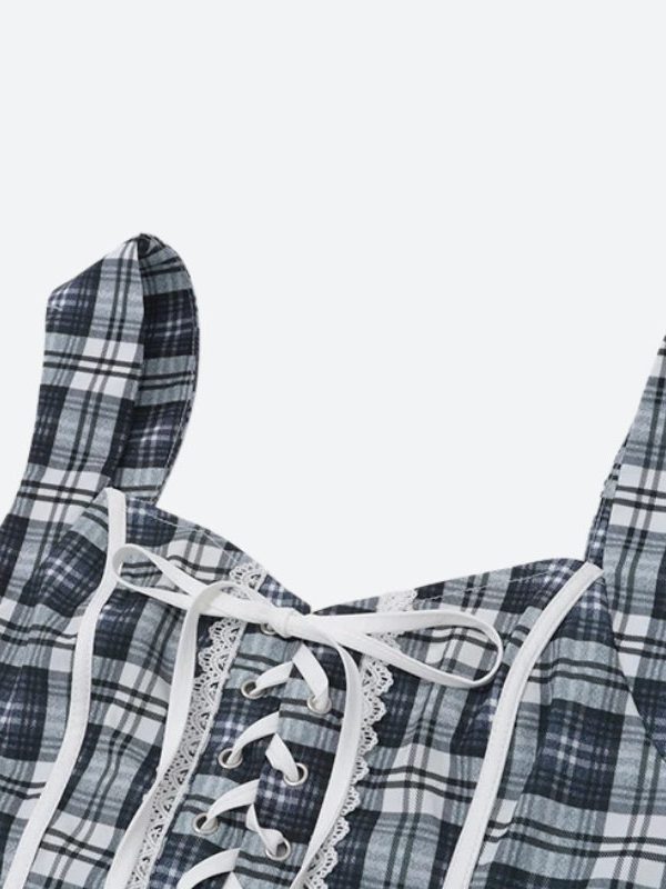 Y2K Plaid Lace Up Top