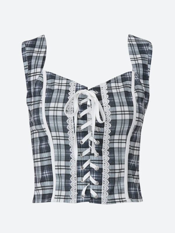 Y2K Plaid Lace Up Top
