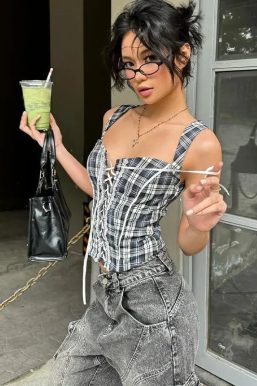 Y2K Plaid Lace Up Top