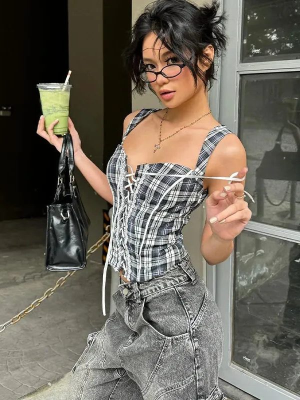 Y2K Plaid Lace Up Top