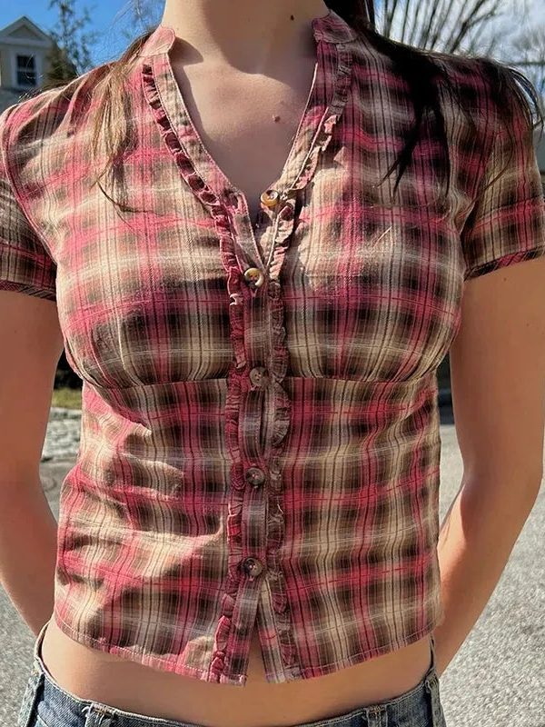 Y2K Plaid Ruffled Shirt