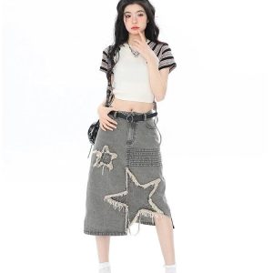 Y2K Star Patchwork Midi Skirt