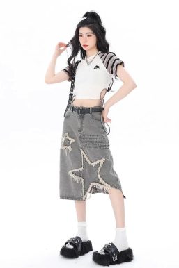 Y2K Star Patchwork Midi Skirt