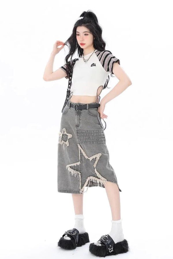 Y2K Star Patchwork Midi Skirt