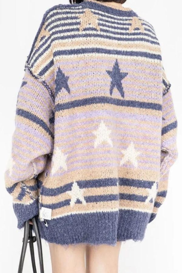 Y2K Vintage Stars Striped Knitted Sweater