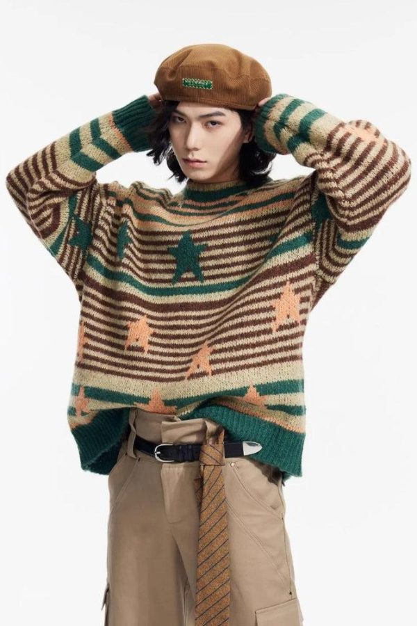 Y2K Vintage Stars Striped Knitted Sweater