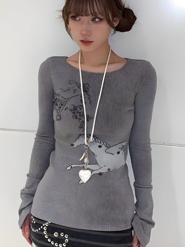 Y2K White Horse Ribbed Top