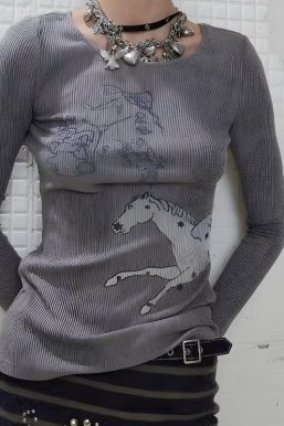 Y2K White Horse Ribbed Top