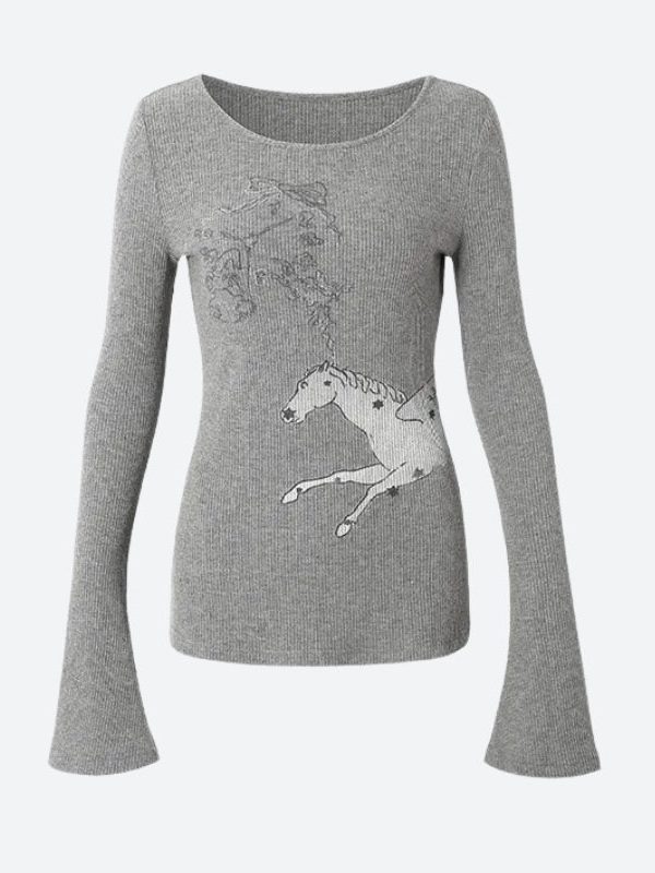 Y2K White Horse Ribbed Top