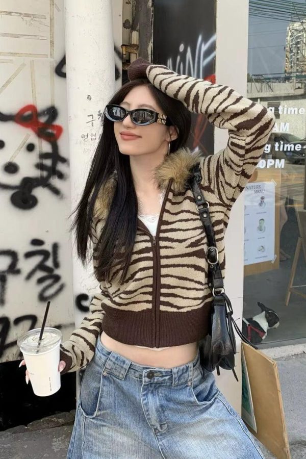 Y2K Zebra Hooded Cardigan