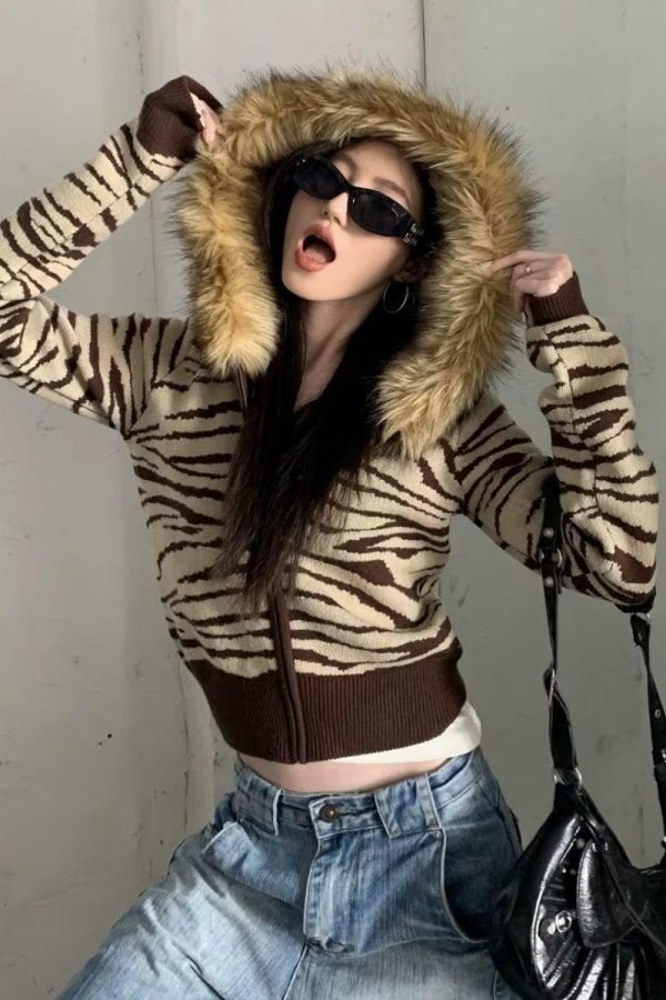 Y2K Zebra Hooded Cardigan