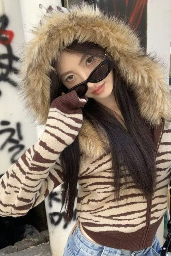 Y2K Zebra Hooded Cardigan
