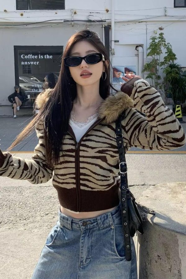 Y2K Zebra Hooded Cardigan