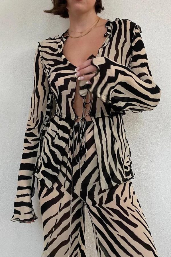 Zebra Tie Up Blouse & Pants Two Piece Set